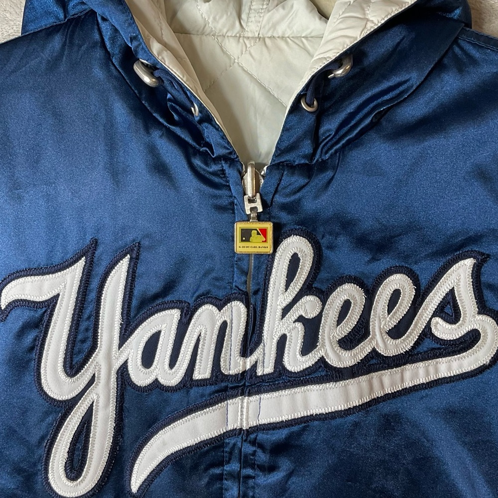 Vtg GIII Carl Banks Yankees Satin Reversible Hooded Bomber Jacket M MLB - Picture 4 of 10